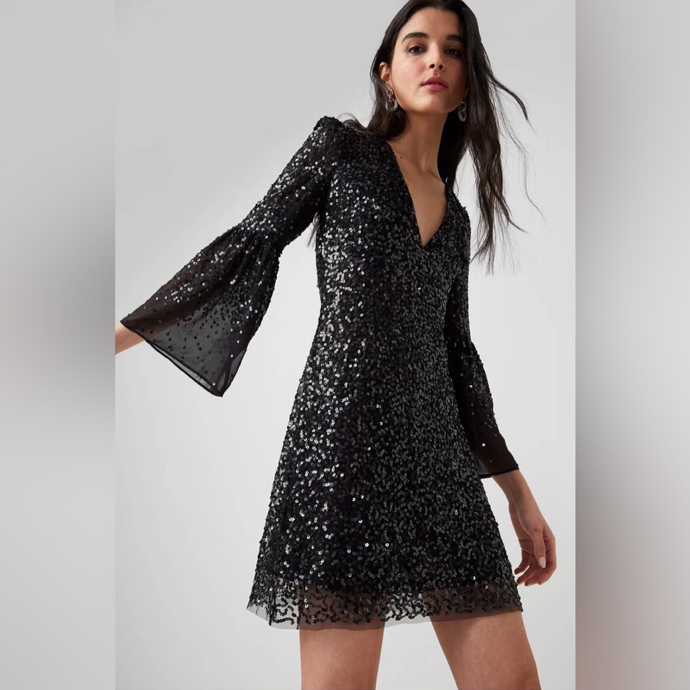 French Connection Mini Dress with shoulder pads in black sequin Size 10